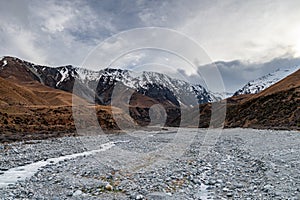 Scenic view along the Mount Cook Road alongside with snow capped Southern Alps