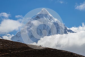 Scenic view of ama dablam mountain peak at chola lake near zongla village,Everest base campe treakking ,khumjung Nepal