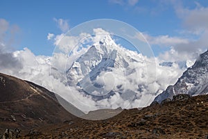 Scenic view of ama dablam mountain peak at chola lake near zongla village,Everest base campe treakking ,khumjung Nepal