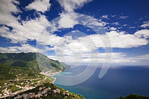 Scenic view of Amalfi Coast, sea, sky and clouds from Ravello, Italy
