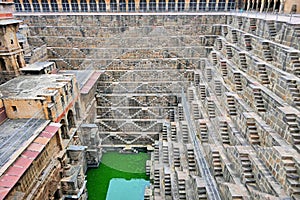 Scenic View of The Ancient Chand Baori Stepwell in the Historical Village Abhaneri, Agra Region, India