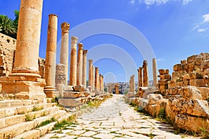 Scenic View Ancient Greco-Roman Corinthian Columns on Colonnaded Cardo to The North Tetrapylon in Jerash, Jordan