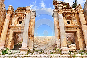 Scenic View Ancient Roman Propylaeum Monumental Entrance to The Temple of Artemis in The Historic Roman City of Gerasa in Jordan