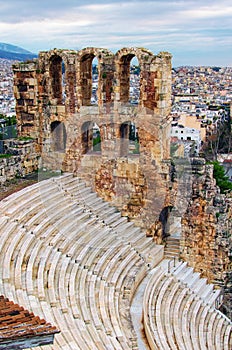 Scenic view of ancient ruins of the Odeon of Herodes Atticus. It is a small building of ancient Greece