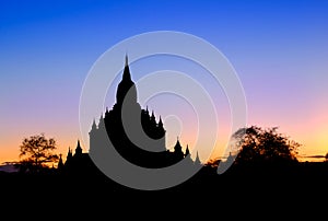 Scenic view of ancient Sulamani temple silhouette at dusk, Bagan