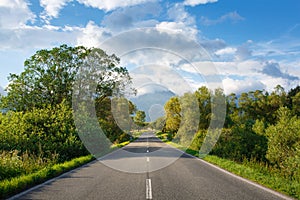 Scenic view from asphalt road against the background of mountains