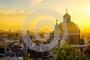 Scenic view at Basilica of Guadalupe with Mexico city skyline