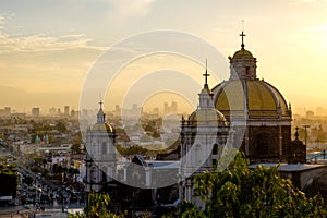 Scenic view at Basilica of Guadalupe with Mexico city skyline