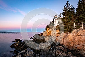 Scenic view of Bass Harbor lighthouse in Maine, Acadia