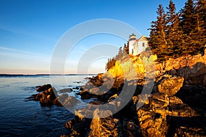 Scenic view of Bass Harbor lighthouse in Maine, Acadia