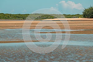 Scenic view of beach against blue sky at the Manda Island in Lamu Island UNESCO World Heritage Site in Kenya