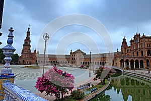 Scenic view of Beautiful architecture Plaza de Espana Spainish Square in Maria Luisa Park, Seville,