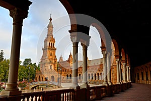 Scenic view of Beautiful architecture Plaza de Espana Spainish Square in Maria Luisa Park, Seville,