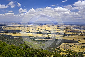 Scenic view of beautiful Australian outback with windfarm on yellow hills.