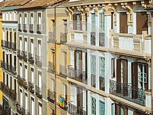 Scenic view of beautiful colorful residential buildings with balconies