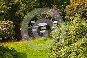 Scenic View of a beautiful garden in sunshine with a green lawn and colorful flower bed