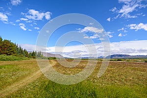 Scenic view of beautiful green field with blue sky, Iceland