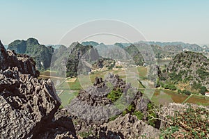 Scenic view of beautiful karst scenery and rice paddy fields