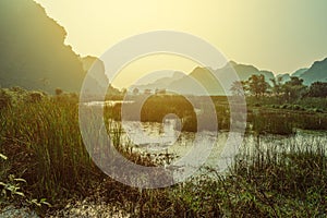 Scenic view of beautiful karst scenery and rice paddy fields