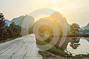 Scenic view of beautiful karst scenery and rice paddy fields