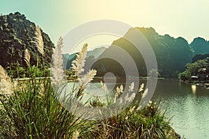 Scenic view of beautiful karst scenery and rice paddy fields