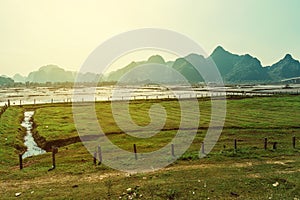 Scenic view of beautiful karst scenery and rice paddy fields