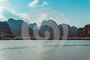 Scenic view of beautiful karst scenery and rice paddy fields