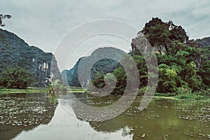 Scenic view of beautiful karst scenery and rice paddy fields