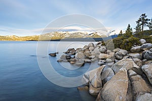 scenic view of beautiful Lake tahoe at sunset with reflection in water