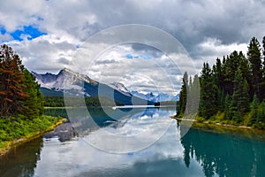 Scenic view of Beautiful Mountain Range and Lake in Rockies