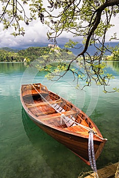 Scenic view on beautiful wooden flat rowing boat on lake bled beside attached to a tree, slovenia, go green concept
