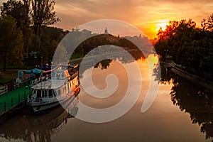 Scenic view of Bega river Timisoara at sunset.