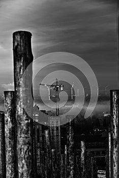 Scenic view of Beringen city during sunset in black and white photo