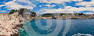 Scenic view of the blue lagoon village Veli Losinj in Croatia on sunny day
