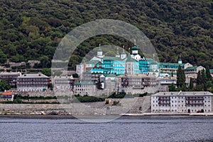 Scenic view from boat on Saint Panteleimon Monastery (Rossikon) at Mount Athos in Autonomous State Holy Mountain, Chalkidiki