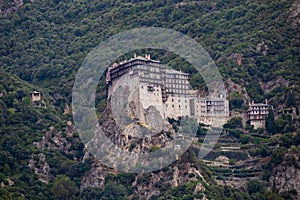 Scenic view from boat on Simonopetra Monastery Simonos Petra at Mount Athos, Chalkidiki, Central Macedonia, Greece, Europe