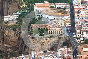 Scenic view of bridge Puente Nuevo, canyon and bullring, Ronda, Malaga, Andalusia, Spain. Aerial views photo