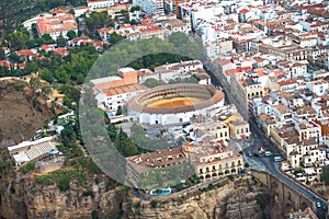 Scenic view of bridge Puente Nuevo, canyon, lookout and bullring, Ronda, Malaga, Andalusia, Spain. Aerial views