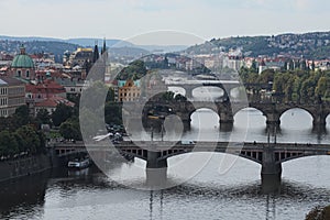 Scenic view of bridges on the Vltava river and historical center of Prague,buildings and landmarks of old town,Prague
