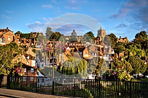 Scenic view of Bridgnorth town with church on top of a green hill in England, UK