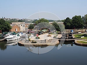 Scenic view of brighouse basin with boats and moorings and the lock gates to the calder and hebble navigation canal in west