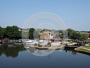 Scenic view of brighouse basin with boats and moorings and the lock gates to the calder and hebble navigation canal in west