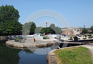 Scenic view of brighouse basin with boats and moorings and the lock gates to the calder and hebble navigation canal in west