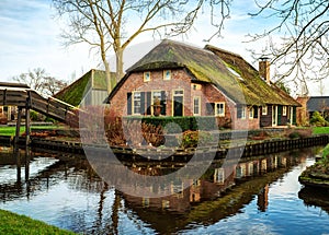 Scenic view on canal in Giethoorn, The Netherlands