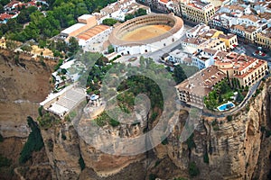 Scenic view of canyon, lookout and bullring, Ronda, Malaga, Andalusia, Spain. Aerial view