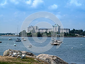 Scenic view of Casco Bay and Fort Gorges building