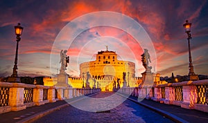 Scenic view of Castle San Angelo at sunrise with spectacular sky, Rome