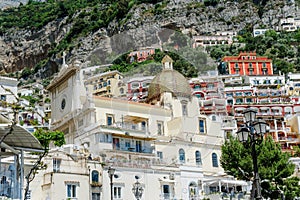 Scenic view of the cathedral and buildings, Positano, Amalfi coast, Italy