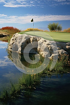 a scenic view of a challenging water hazard on a golf course