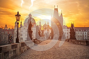 Scenic view of Charles Bridge Karluv Most and Lesser Town Tower Prague symbol at sunrise, Czech Republic